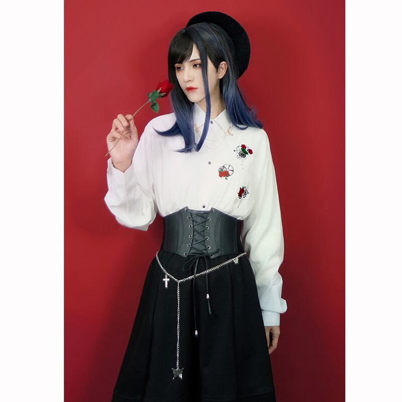 倉寶兒屋シリーズ チェーン付きシャツ 2color 黒or白 スチームパンク 薔薇 レトロ 男女兼用 メンズ Elegant 倉寶兒屋シリーズ チェーン付きシャツ 2color 黒or白 スチームパンク 薔薇 レトロ 男女兼用 メンズ Elegant