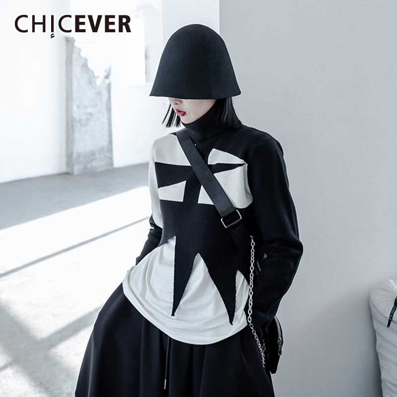 CHICEVERプリントセーターレディースタートルネック長袖パッチワークヒットカラーアシンメトリー裾ニットショートトップス2021 ロング 6base574157466266