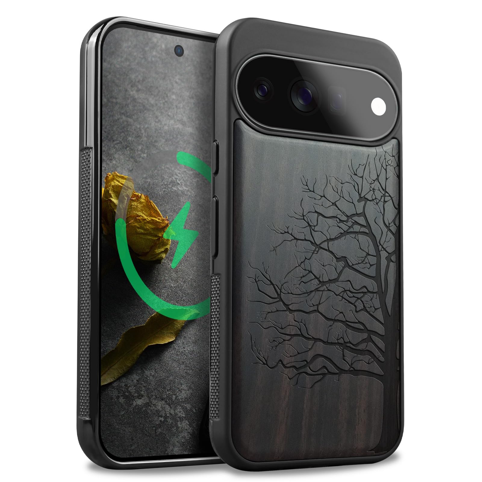 Carveit Google Pixel 11 用 木製 ケース 衝撃吸収TPU (黒い木-永遠の木)