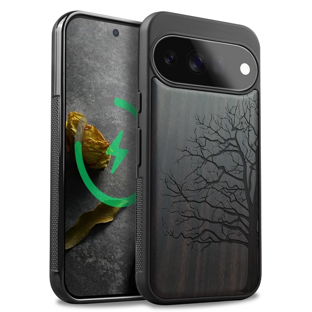 Carveit Google Pixel 11 用 木製 ケース 衝撃吸収TPU (黒い木-永遠の木)