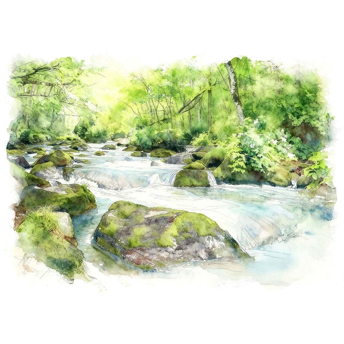 絵画(風景画) 日本 新緑の奥入瀬渓流 インテリアアート額付き 水彩画・油絵風 WAT0942