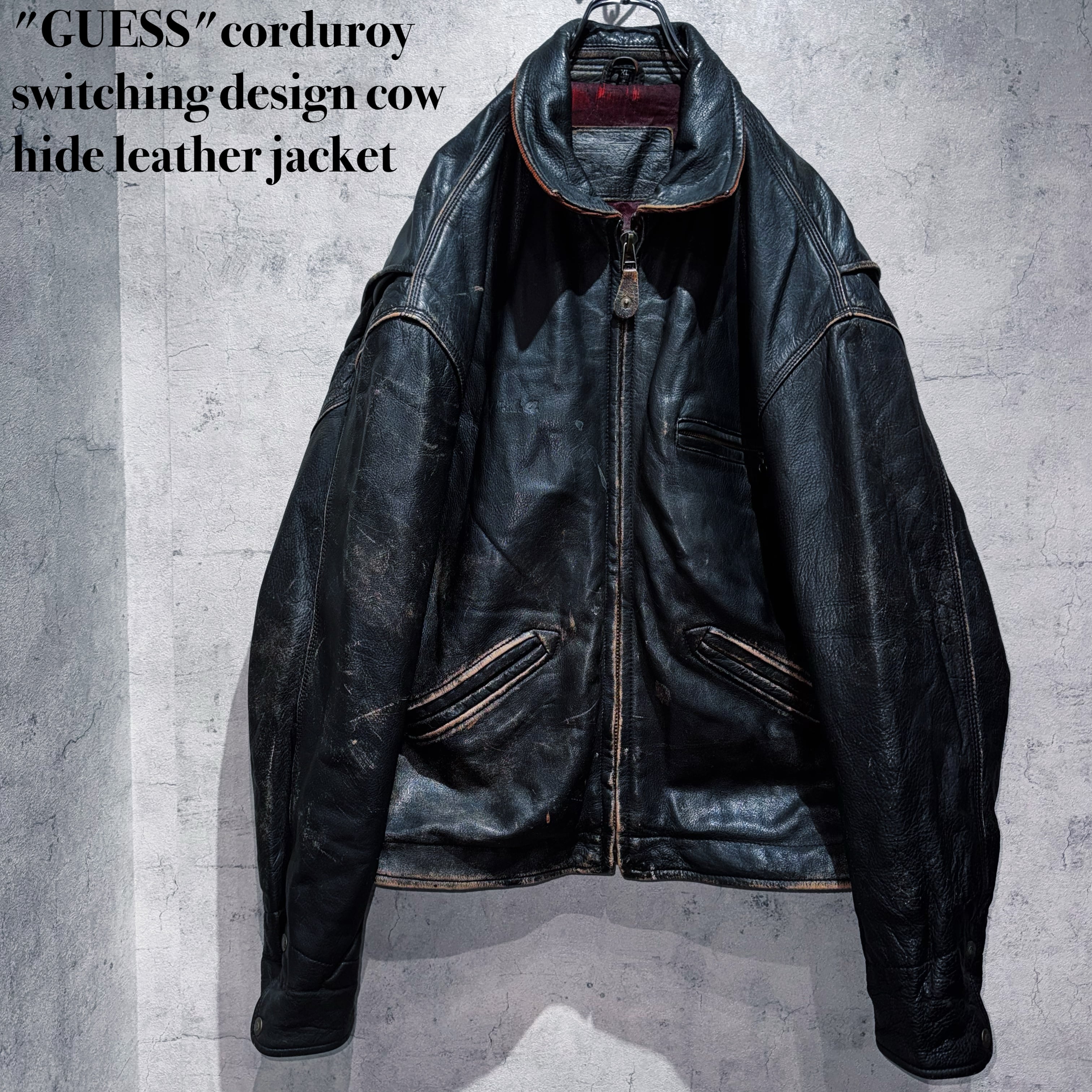 "GUESS"corduroy switching design cow hide leather jacket