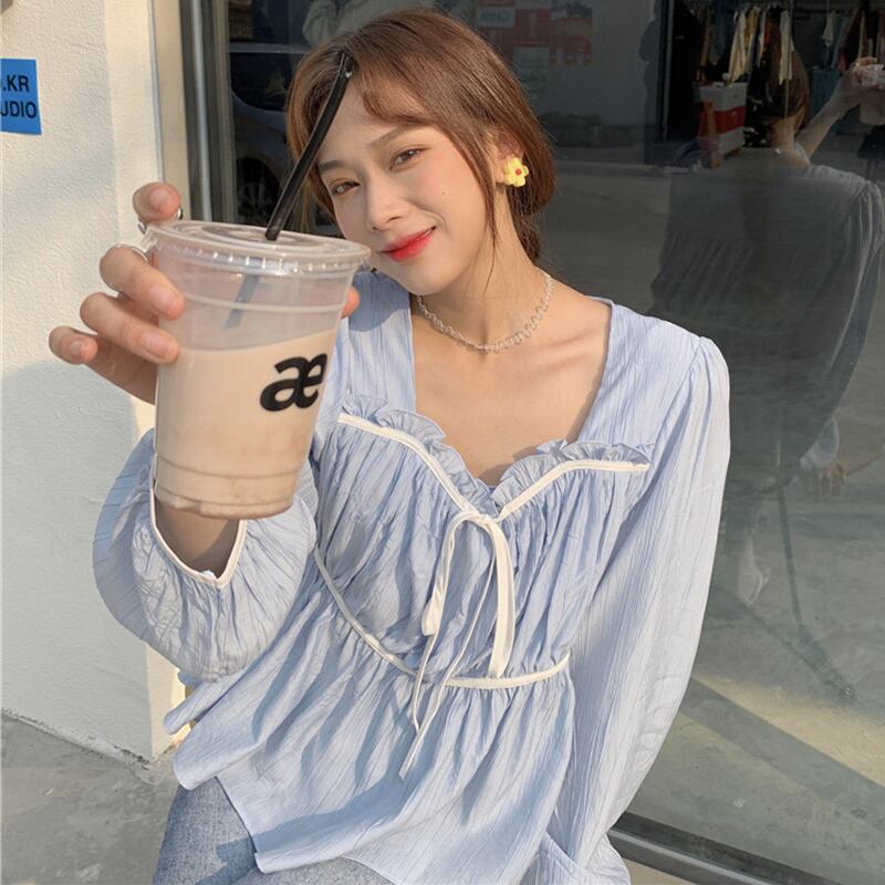 シャツ スタイルスプリングスリム ロング レース 春物 レースアップ スクウェア 萌量不足925788507