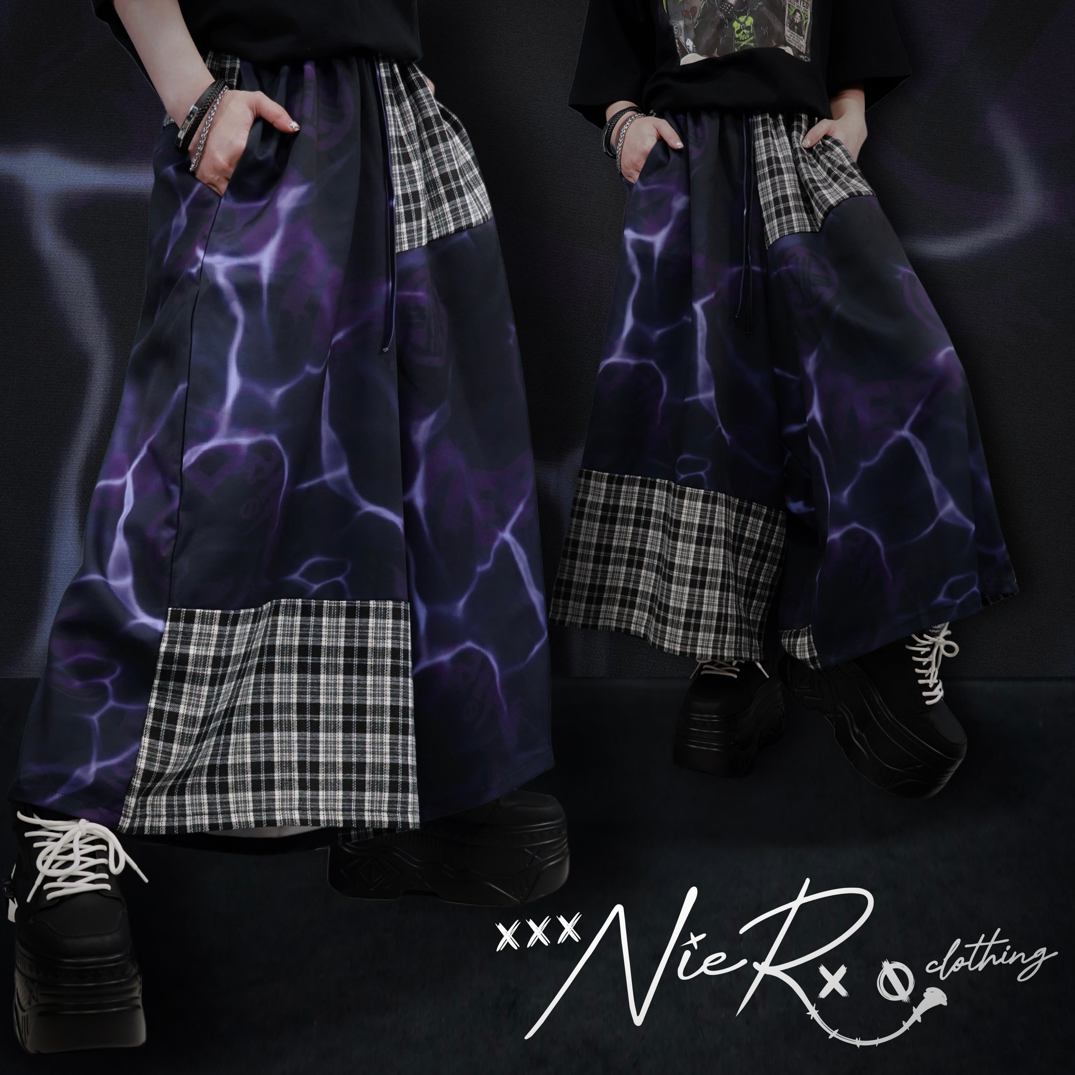 1WEEK SPECIAL HALF PRICE SALE】PURPLE SHADOW×CHECK PATCHWORK WIDE