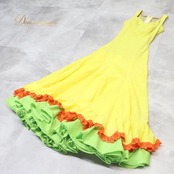 フラメンコ 衣装 SPANISH DANCEWEAR ドレス ワンピース イエロー系 グリーン系 オレンジ系 黄色 緑 無地 ノースリーブ ダンス パーティ ボランテ フリル レース 明るい かわいい 舞台衣装 発表会衣装
