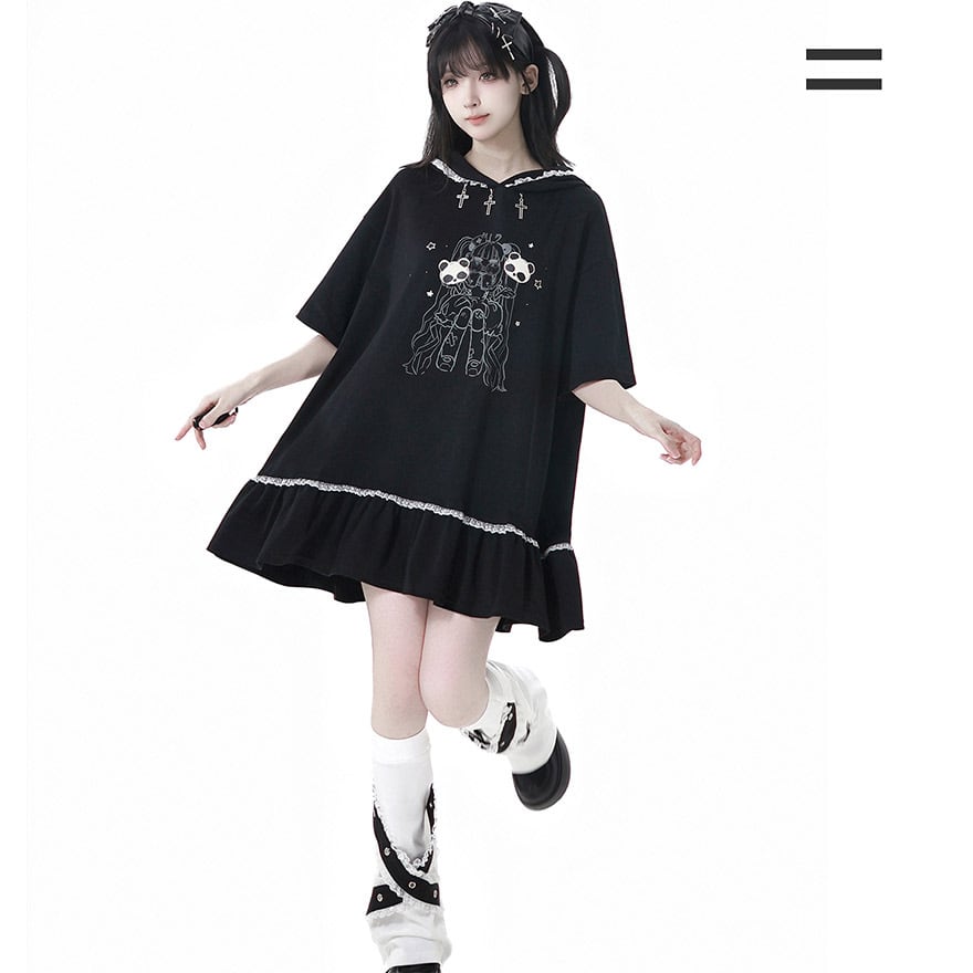 地雷系 フード付きTシャツ 闇かわいい×パンダイラスト｜WithU