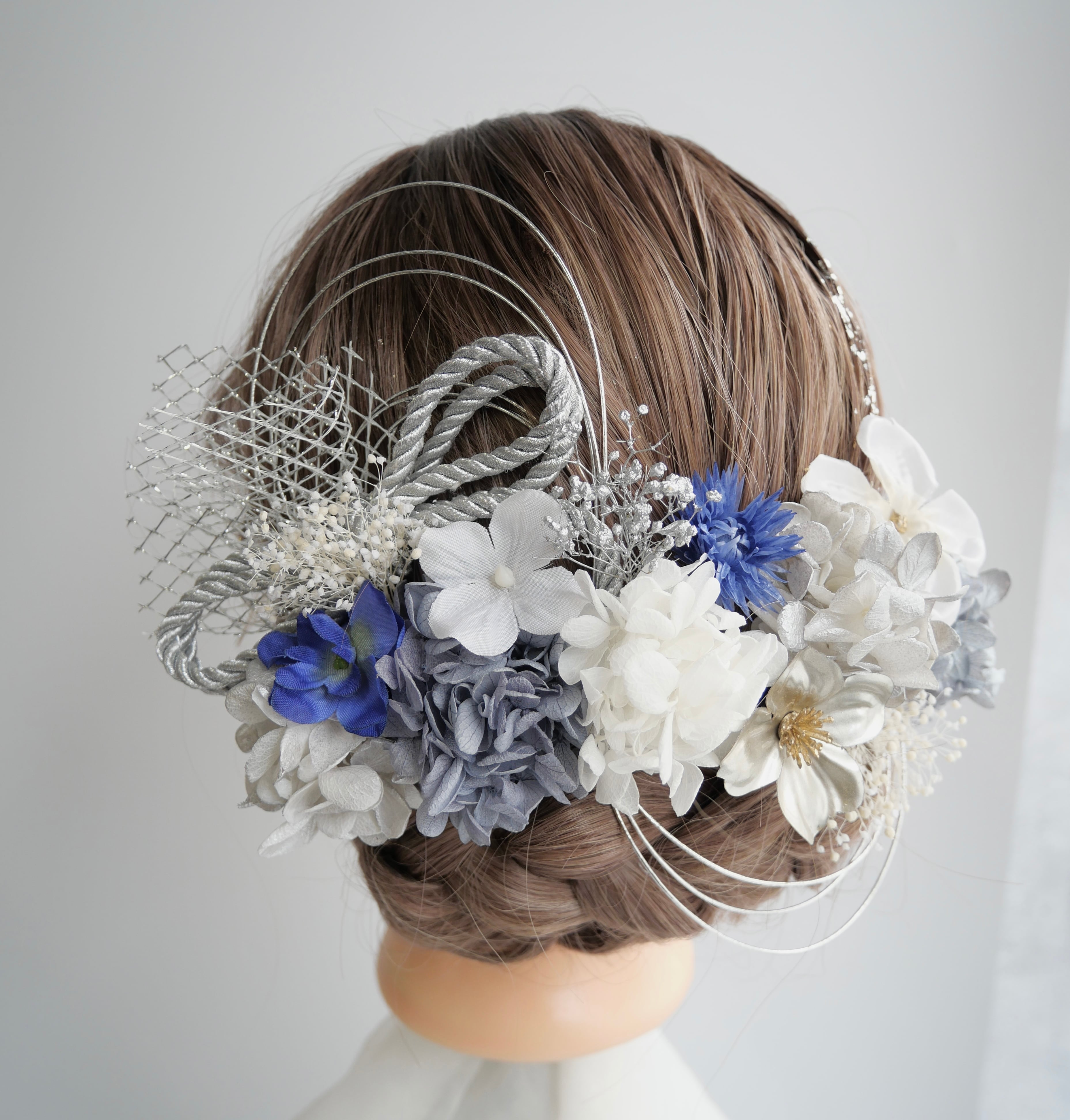 A296 ブルーシルバー ドライフラワー 髪飾り 卒業式 袴 成人式 振袖