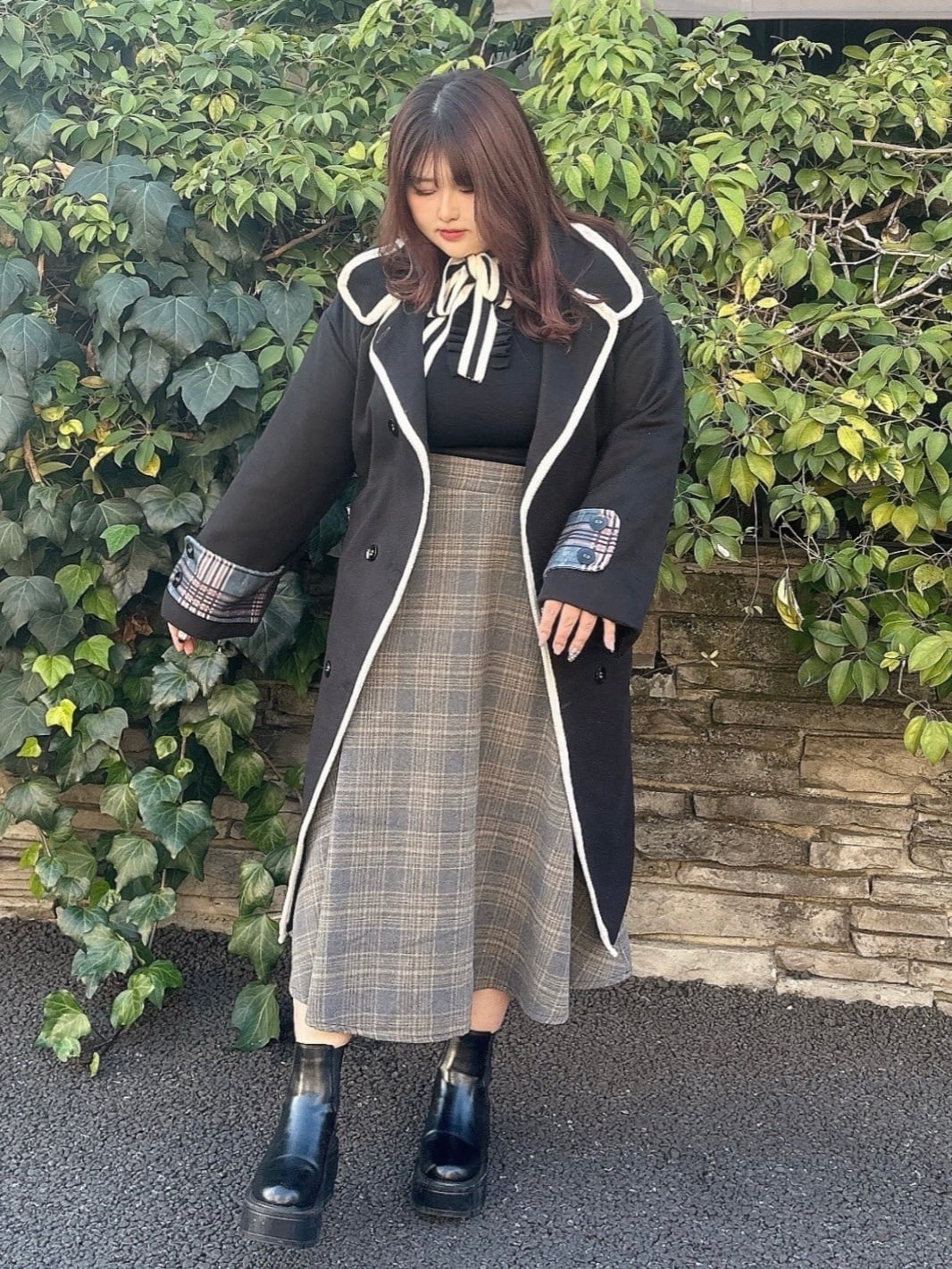 即納】1点限定 チェック柄デザインダブルブレストロングコート 大人