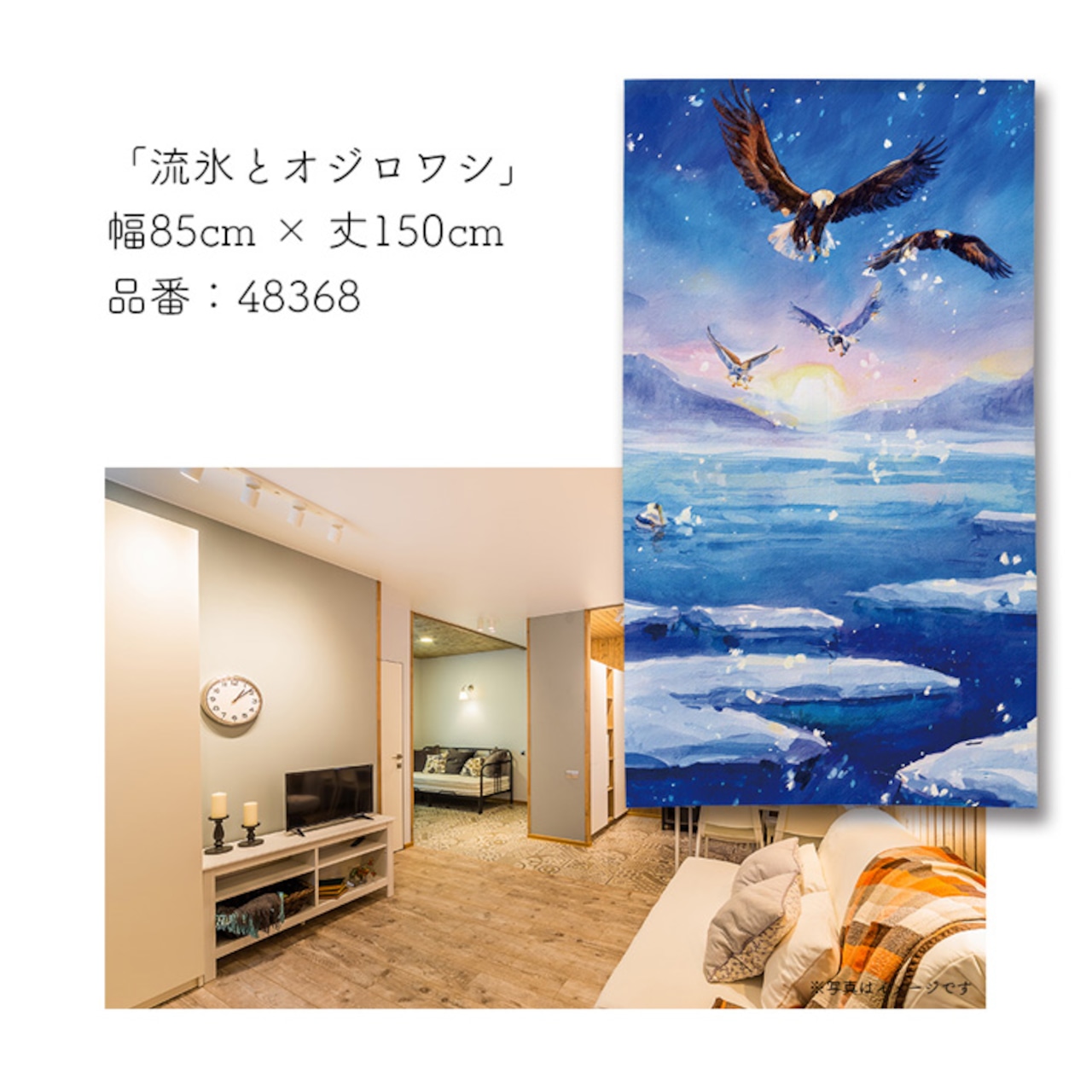 【受注生産】のれん 流氷とオジロワシ 85×150cm 48368