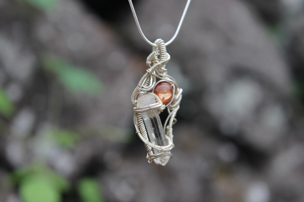 Sunstone & Crystal point  silver925 wire wrapping pendant