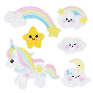 【数量限り】ワッペン アイロン刺繍 MUNCVY アップリケ DIY服 動物 モチーフ ユニコーン 雲 虹 星 可愛い装飾 保育園 幼稚園 パッチ 補修 小さいサイズ 6枚セット 衣類 浴衣 手袋 手帳 飾り6