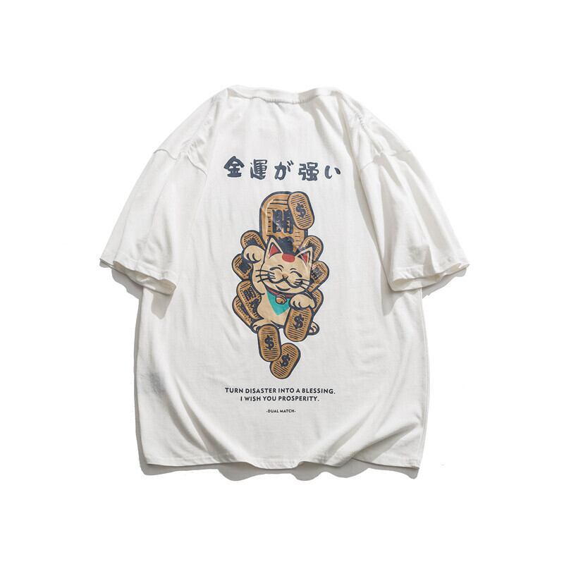 Road Vintage Summer Loose Lucky Cat Print Boys All-match Thin Round Neck Cotton T-Shirt Top-Alibaba コットン サマー 夏物 Oネック Tシャツ ビンテージ hip6-161158463289373