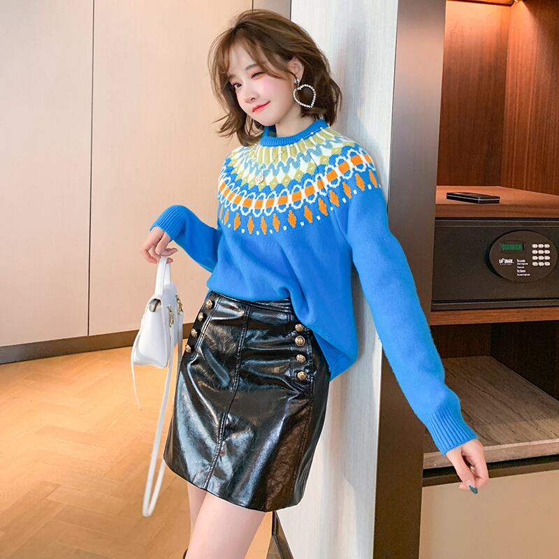 カラーパターンスリーブルーズニットセーター ウィンター 冬物 MIUCO97662704036