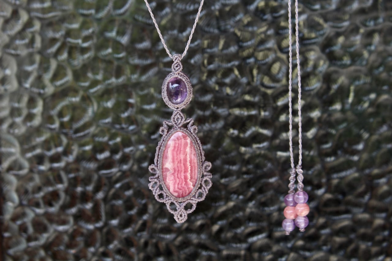 Rhodochrosite & Amethyst micro macrame pendant
