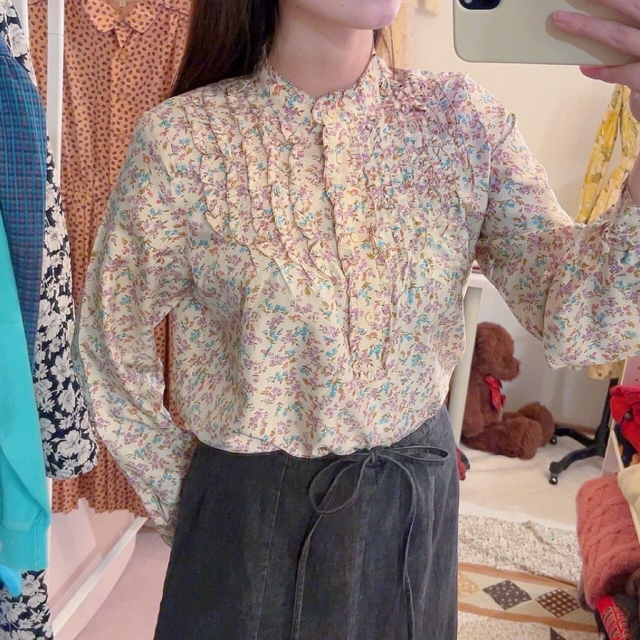 purple blue mini flower stand collar blouse