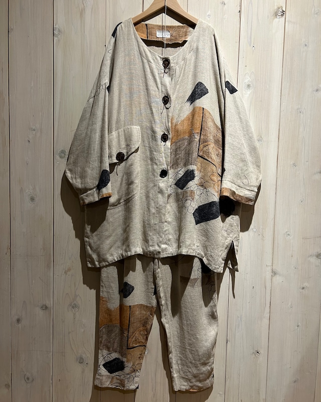 【a.k.a.C.a.k.a vintage】Abstract Art Design Vintage Loose Linen Shirt Setup
