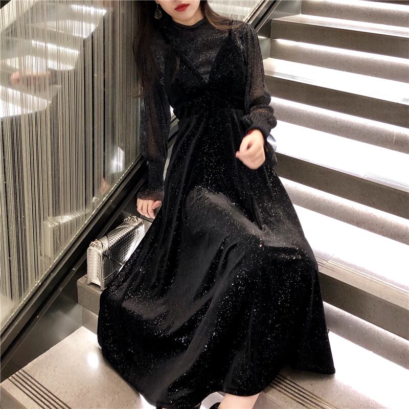 セットアップ ドレス レディース シアートップス ロングワンピース M L XL 2XL 3XL 4XL ブラック 2点セット パーティードレス キャミワンピース ベルベット調 ラメ グリッター シースルー 透け感 長袖 ハイネック ハイウエスト スタイルアップ 脚長効果 体型カバー シンプル 華やか フェミニン キュート 大人可愛い おしゃれ イベント デート お出かけ 女子会 休日 旅行 パーティー お呼ばれ 二次会 重ね着 ファッション コーデ スタイル モテ 送料無料 こなれ感 春 秋 冬