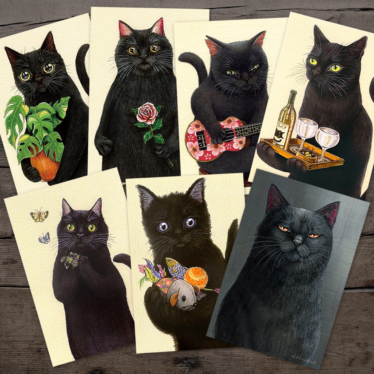 I 黒猫 ポストカード7枚セット Set Of 7 Black Cat Postcards たなかひろこイラストレーション事務所