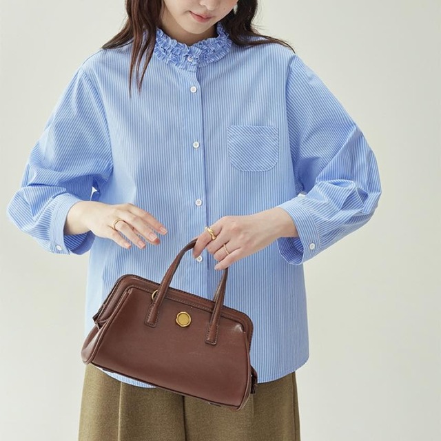 blue stripe frilled stand-collar shirt