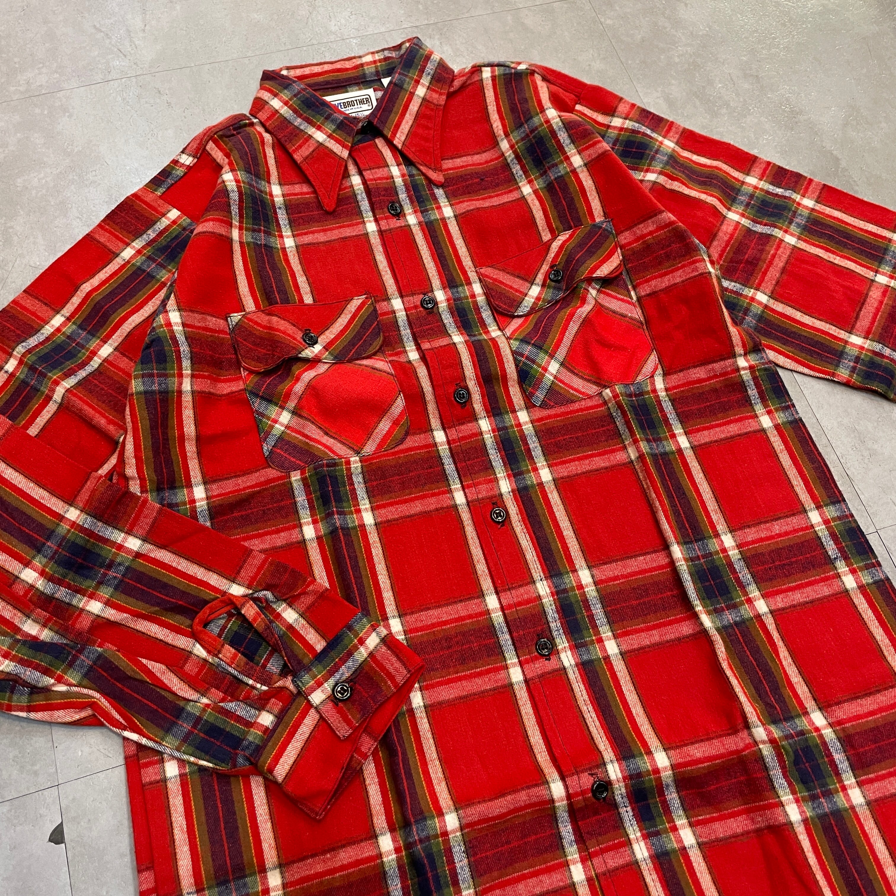 70s~80'S Five Brother Long Sleeve Flannel Check Shirt Made in USA Men's L Size Vintage cotton red type Vintage Second Hand