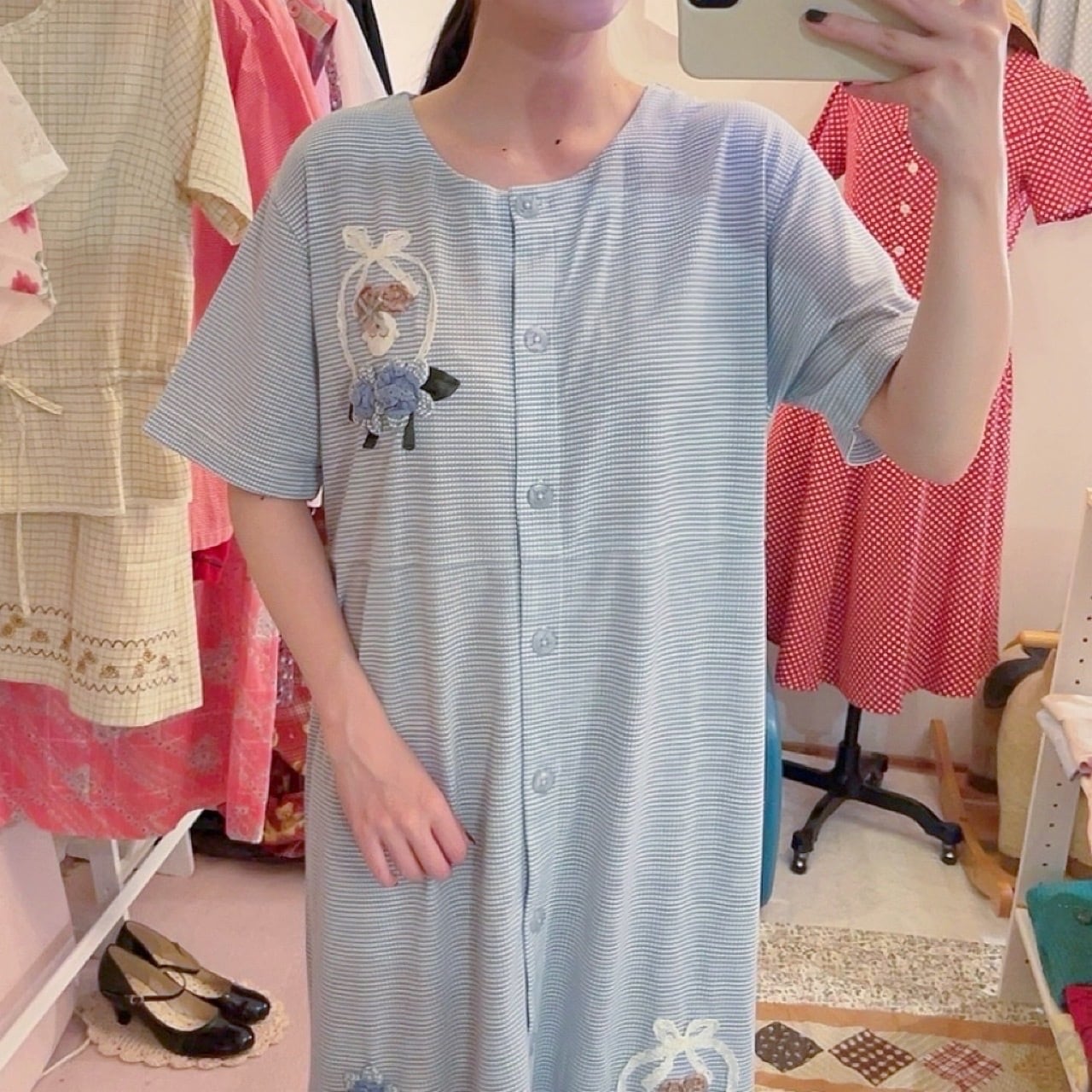 doll applique light blue one-piece