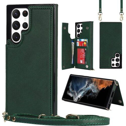 Pelanty For Galaxy S22 Ultra 背面ケース手帳型 Samsung S22 Ultra 5G ケース縄掛け SC-52C SCG14 財布型ケース 携帯カバー 肩掛け斜めがけショルダー ストラップ付き PUレザー+TPU お札入れ小銭入れ ICカード収納 RFID機能 スタンド機能 ボタン磁気 サムスン ギャラクシー S22 Ultra スマホケース 横開-グリーン 1210