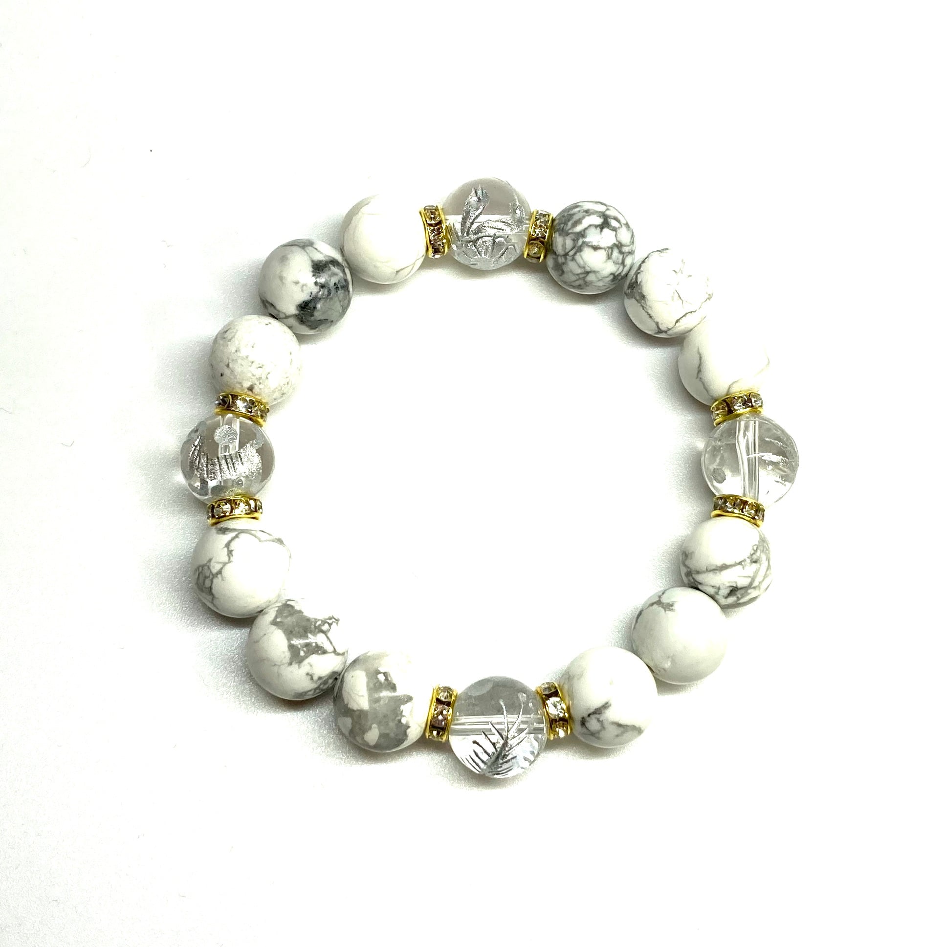 12mm 四神獣銀彫水晶×ハウライト パワーストーン ブレスレット天然石