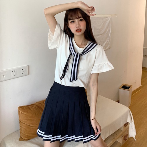 ✞ きれいめ制服☆セーラーカラーシャツブラウス or ネイビープリーツスカート ガーリー ステッチ ✞ゴスロリ SM ミリ 甘ロリ クラロリ 和ロリ エレガント 黒ロリ 姫ロリ 華ロリ BB-BB8818072