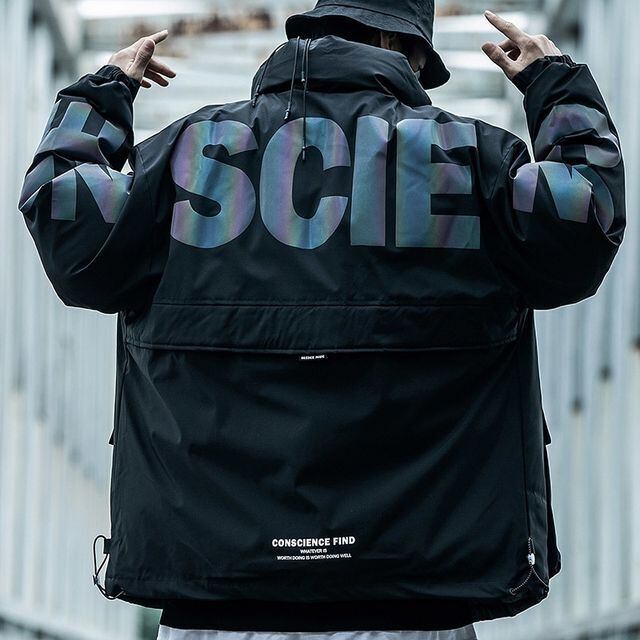 【予約販売】ナイロンジャケット アウター ブルゾン バックプリント 反射プリント ショート丈 メンズ ブラック グレー 防寒 お洒落 カジュアル 秋冬 大きいサイズ M/L/XL/2XL