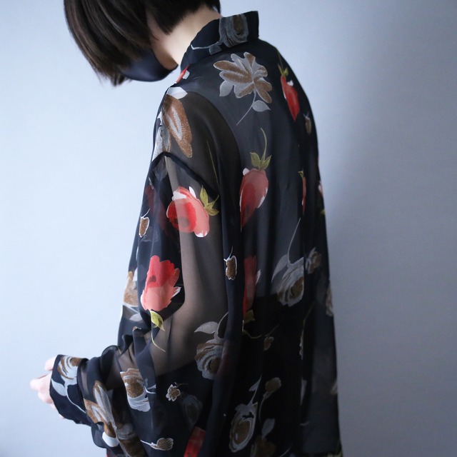 flower art pattern loose black see-through shirt