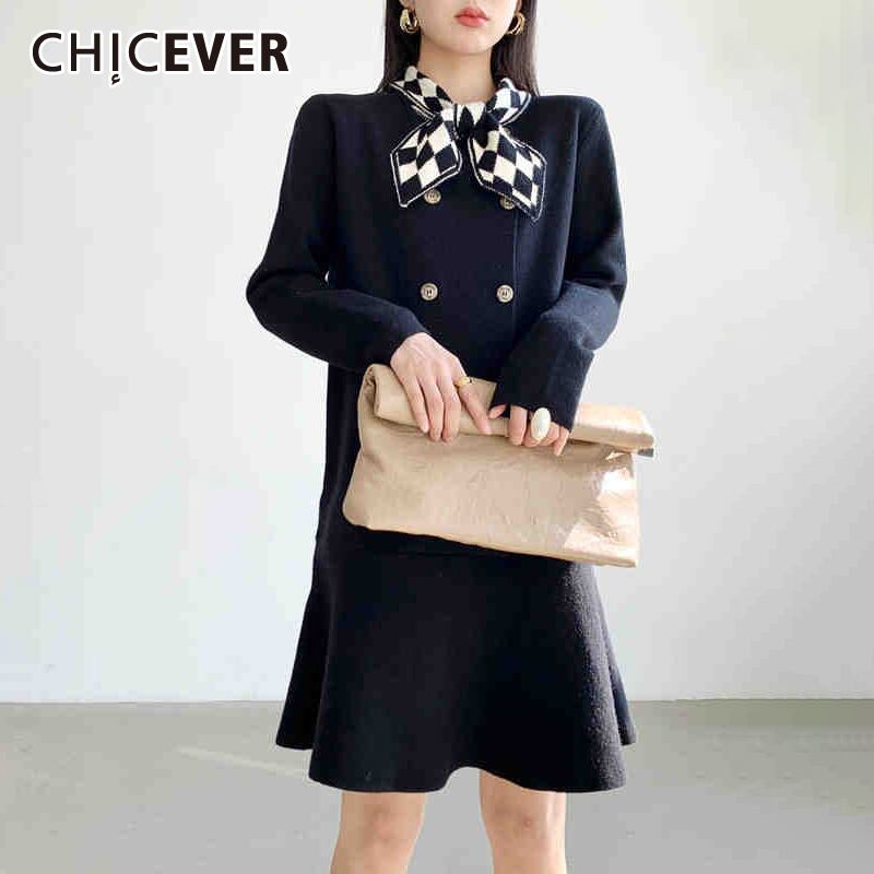 CHICEVERマーメイドドレスレディースOネック長袖ルーズパッチワークボウノットスカーフヒットカラーヴィンテージドレス2020 ロング リボン ビンテージ 6base535831760186