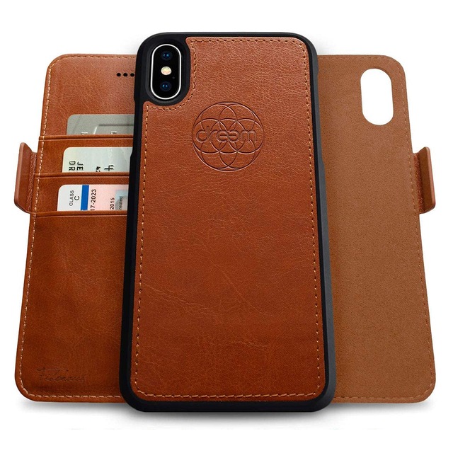 Dreem フィボナッチ(Fibonacci)2イン1 財布型ケース Apple iPhone XS Max用 - 高級ヴィーガンレザー製 マグネット着脱式 耐衝撃 スマホケース RFIDカード保護機能 2通りに使えるフリップスタンド付き - キャラメル