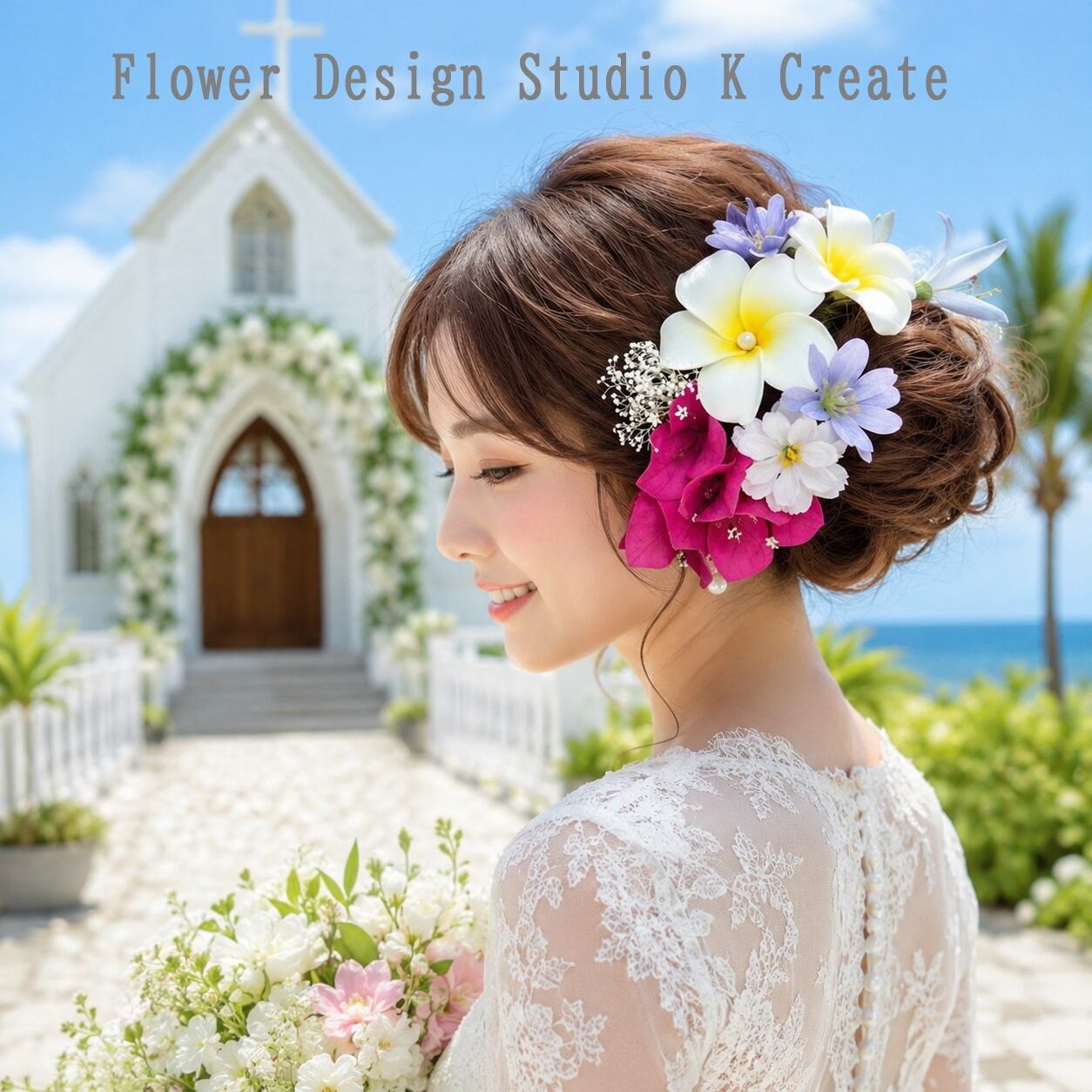 プルメリアと水色リリィの髪飾り|リゾートウェディング 海外挙式 ブライダルヘア 百合|Tropical Resort Wedding Headpiece Plumeria