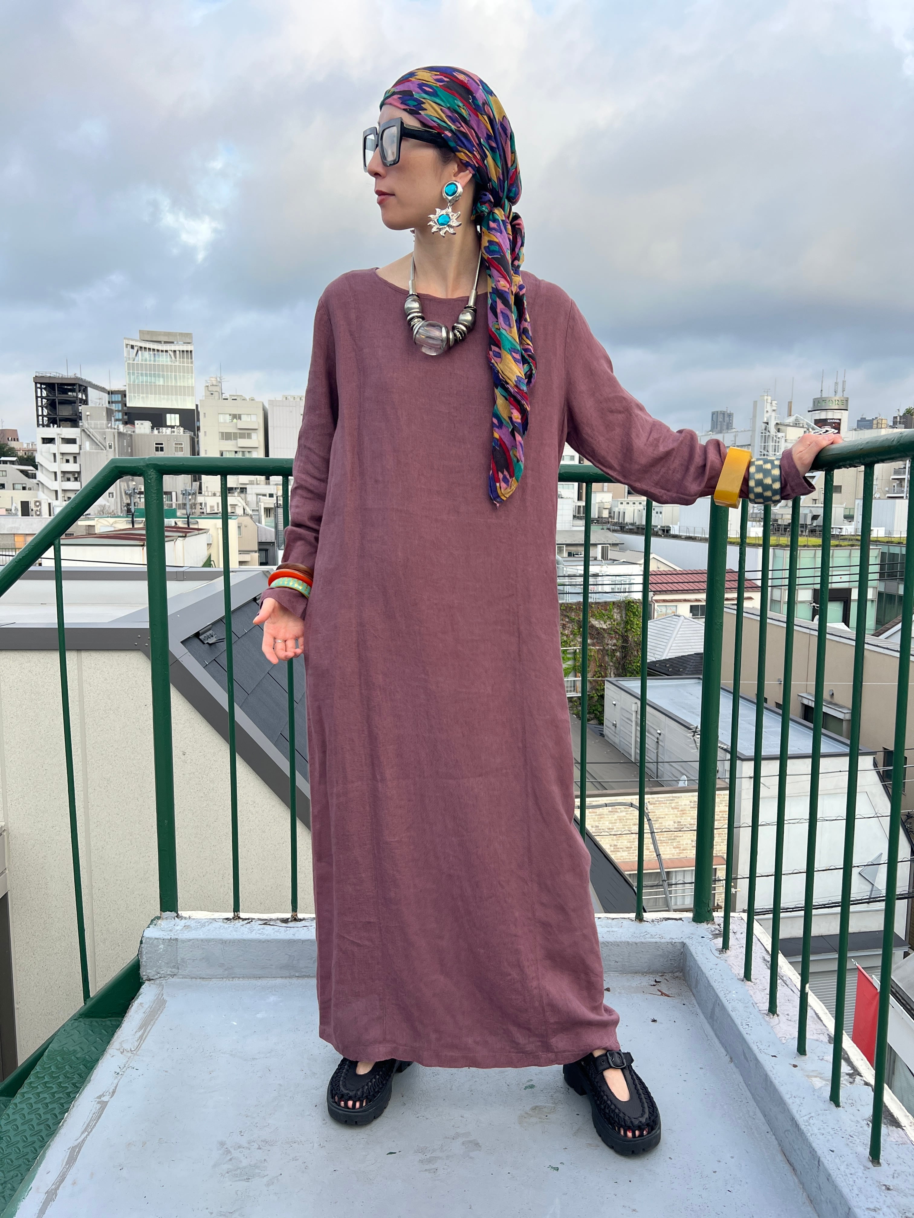 Vintage Dusty Mauve Linen Maxi Dress