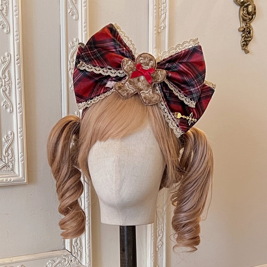 お菓子な国の主役リボン ジンジャーマン×赤チェックの超ビッグカチューシャレース付