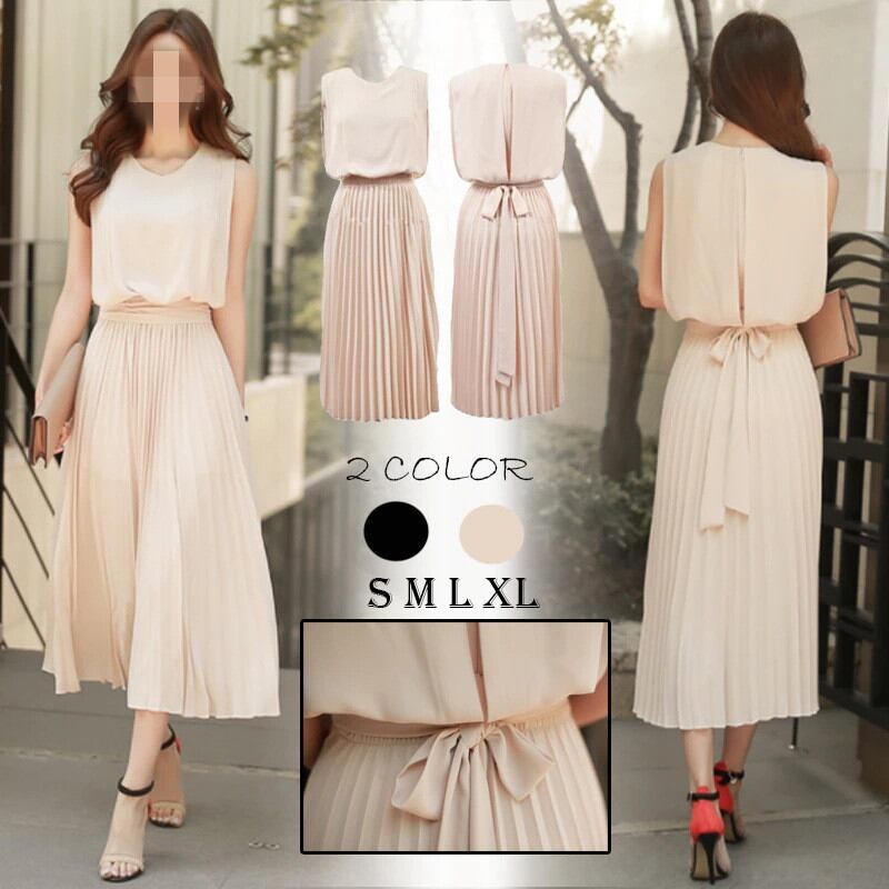 ワンピース プリーツワンピ ロングワンピース ノースリーブ レディース 2022年新作 着痩せ