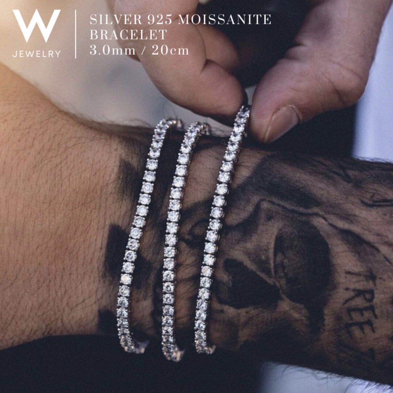 W Jewelry Moissanite "Tennis Chain Bracelet" Silver 3mm - 9