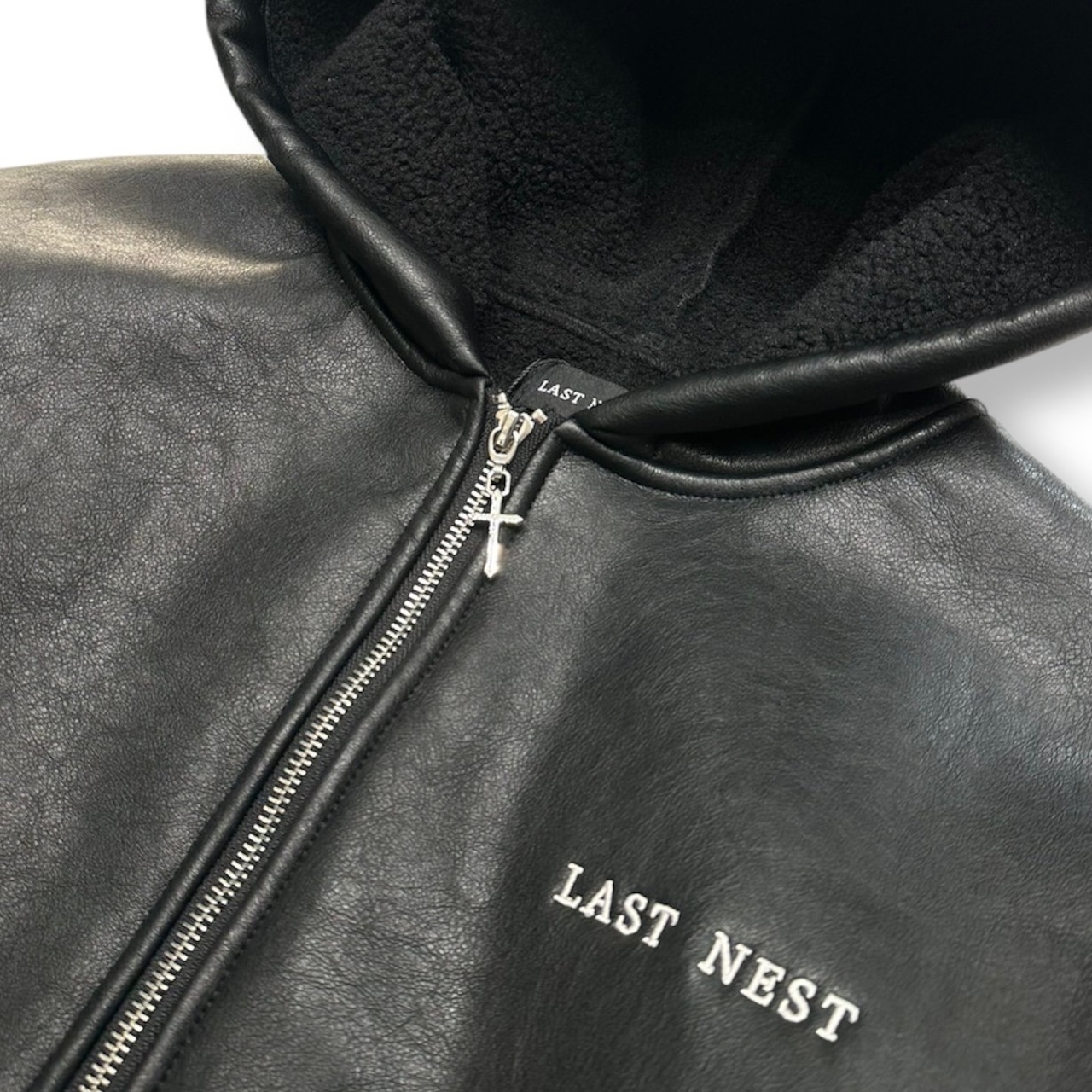 LAST NEST / faux leather boa hoodie
