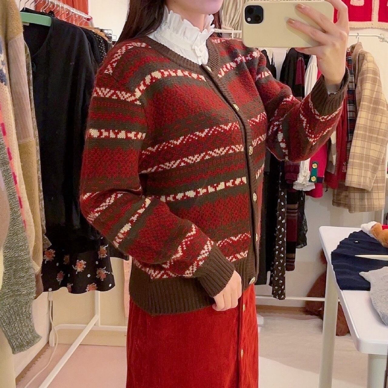 bordeaux × brown knit cardigan