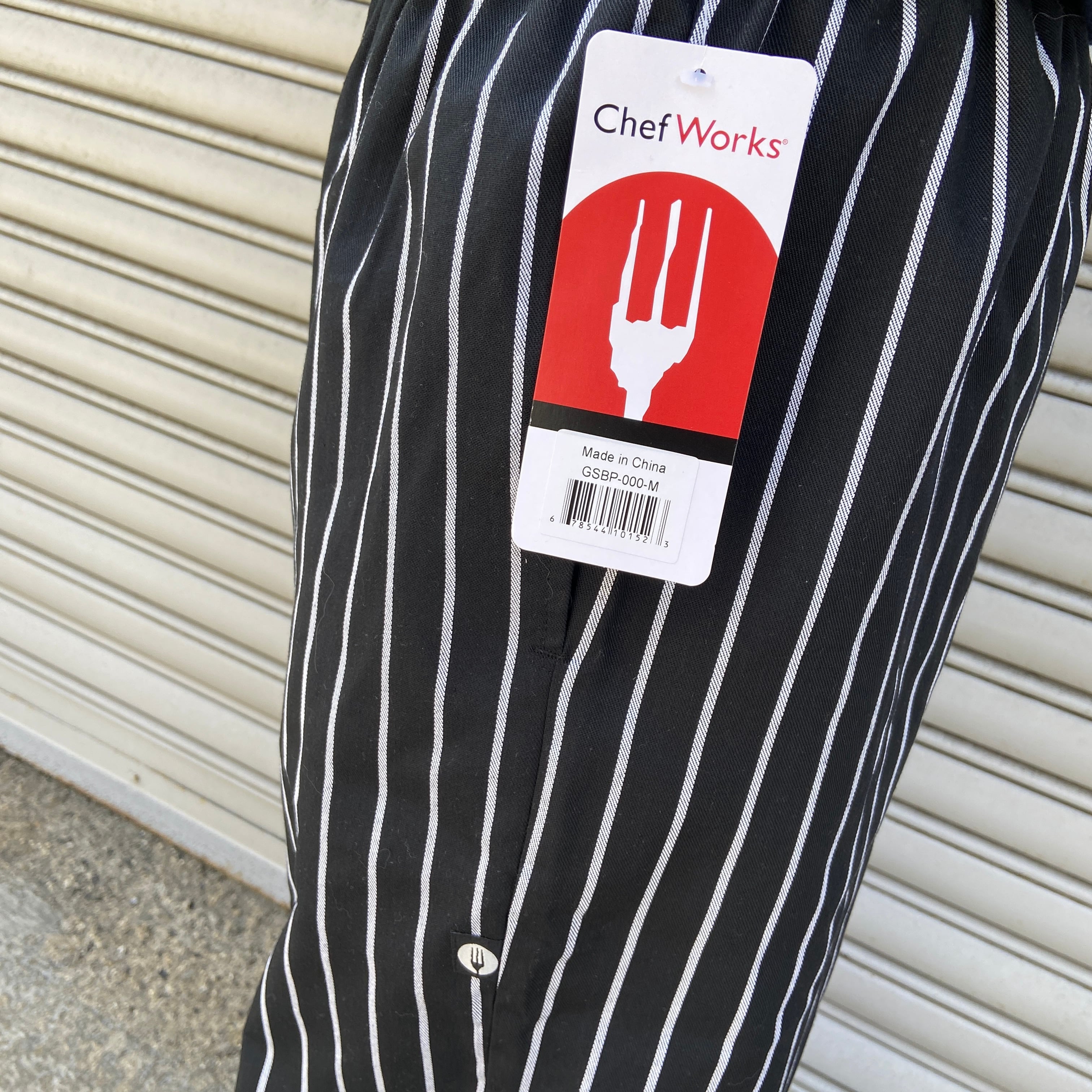 タグ付き未使用品 ChefWorks ストライプ柄シェフパンツ 黒 M コック