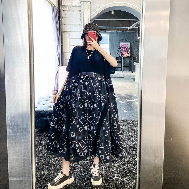 ドレス プリントAライン薄手 大きめサイズ ステッチ ラブタオタオダレンハウス79077437914