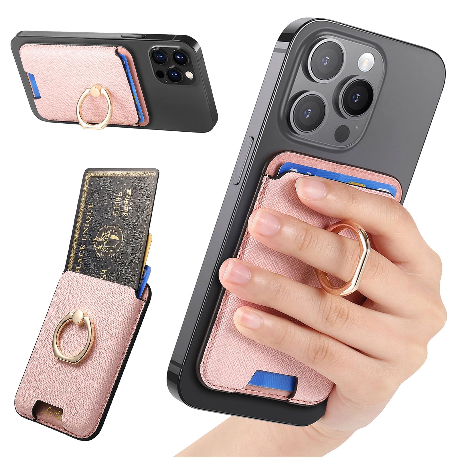 スマート良品 Mag-Safe対応 マグネット式カードケース スタンド機能付き リングホルダー搭載 7色展開 iPhone 17/16/15/14/13/12シリーズ対応 軽量 薄型 スマホ財布 sc059 (ピンク)