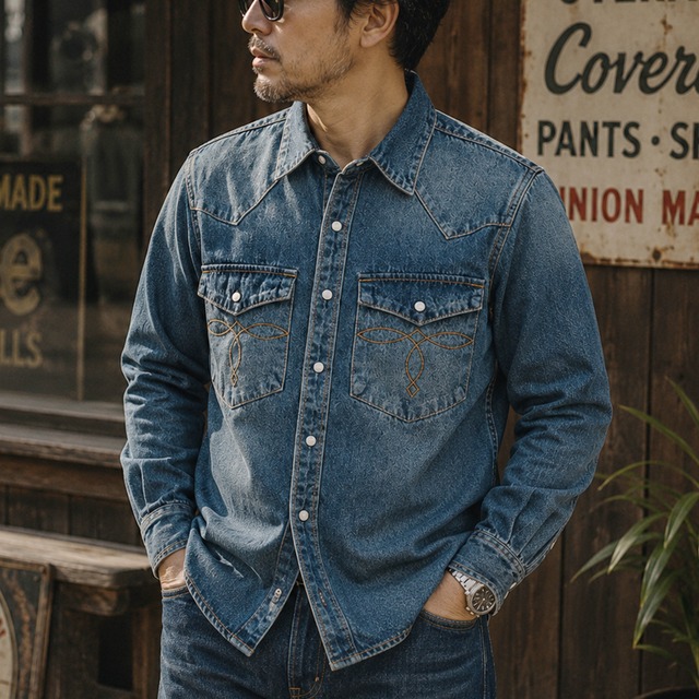Double flap washed western denim shirt 00558