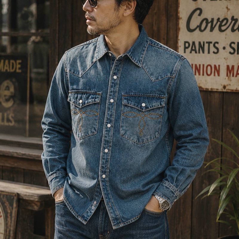 Double flap washed western denim shirt 00558