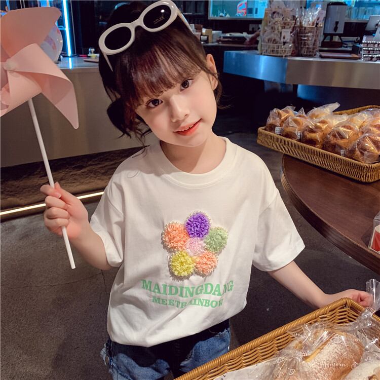 【予約商品】tシャツ キッズ コットン Tシャツ 綿　ベビー チュニック シャツ 半袖 カットソー ガールズ 子ども 立体 花 虹 登園 登校 姉妹  トップス 子供服 女の子 夏 かわいい おしゃれ