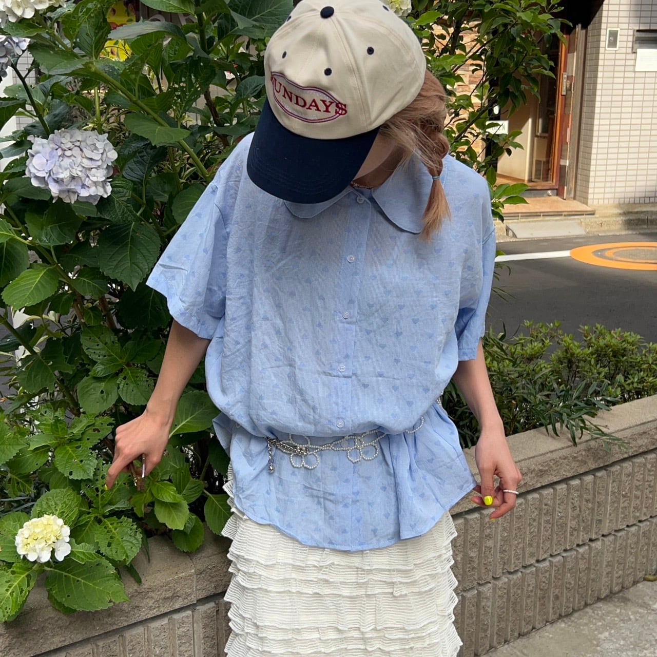 ビッグシルエット丸襟シアーハートプリントシャツ_LN02283