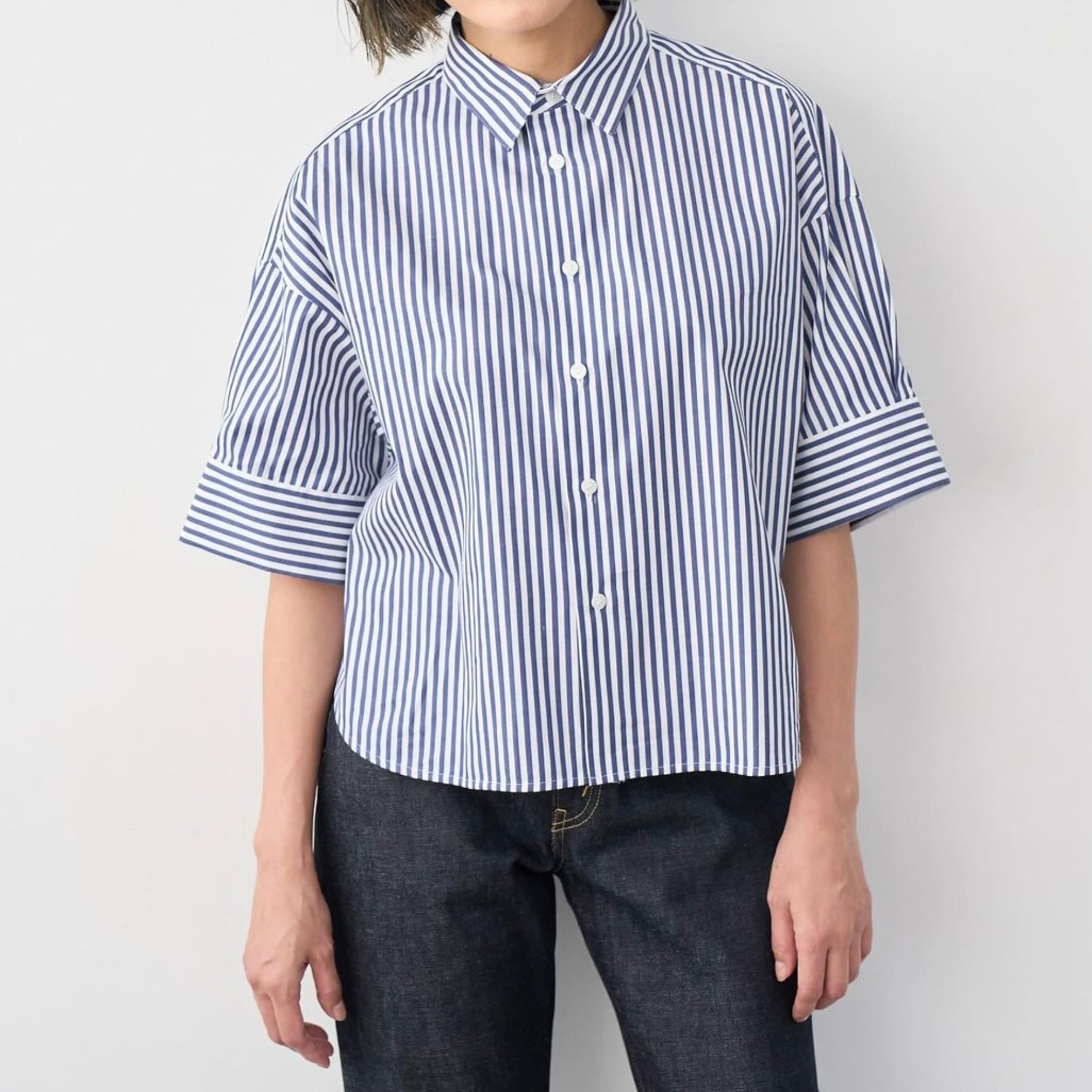 SINME ストライプシャツ ホワイト × ネイビー | 1F Store