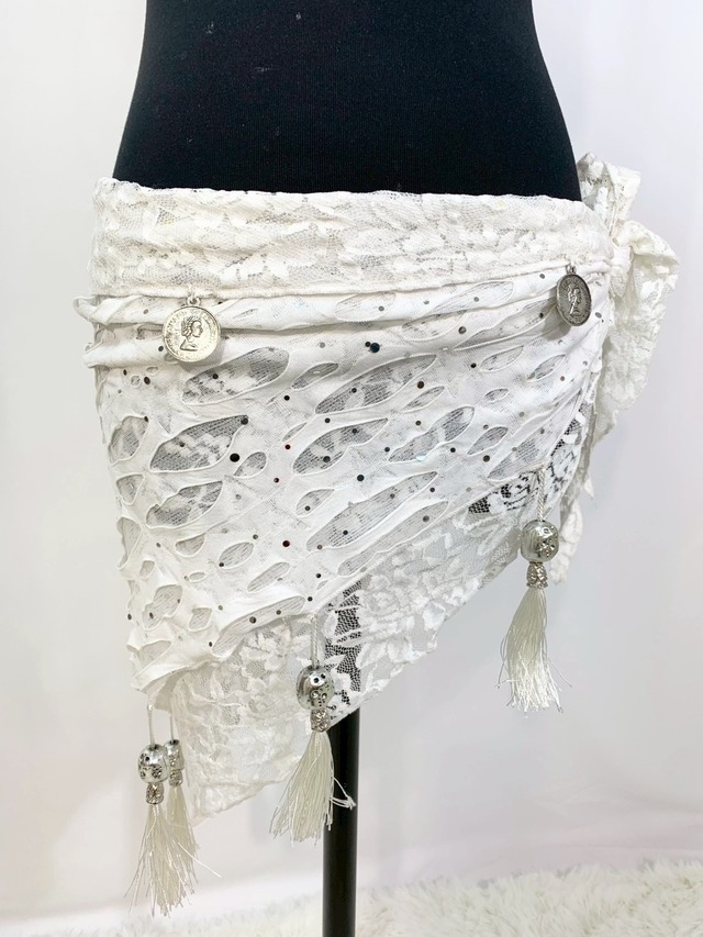 「翌日発送」穴あきプリント生地ホワイトヒップスカーフ