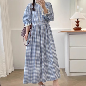 2色/絞り袖チェック柄ワンピース ・8935 2色/絞り袖チェック柄ワンピース ・8935