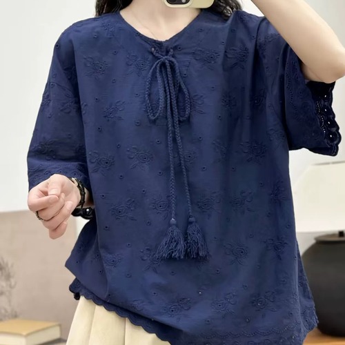 4色/フラワー刺繍タッセルリボンブラウス ・11941